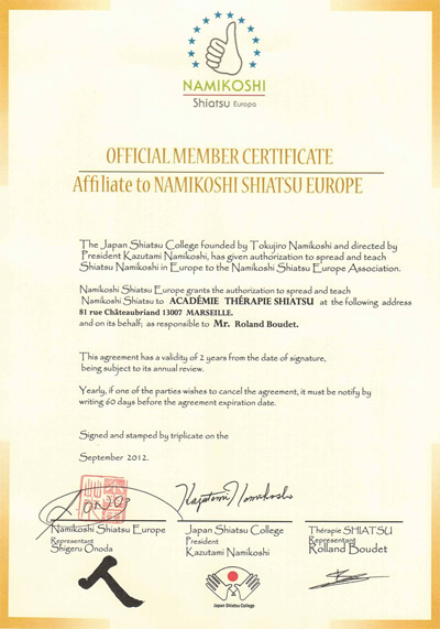 Certification Namikoshi Shiatsu Europa